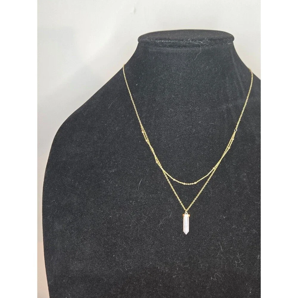 Gold Tone Layered Necklace with Rose Quartz Pendant